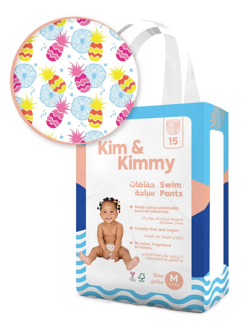 Kim & Kimmy Tropicool Pineapple Splash Swim Diapers, 15 Pieces, Medium, 6-11kg - Soft Leg Cuffs, Bubble Waistband, Easy On and Off