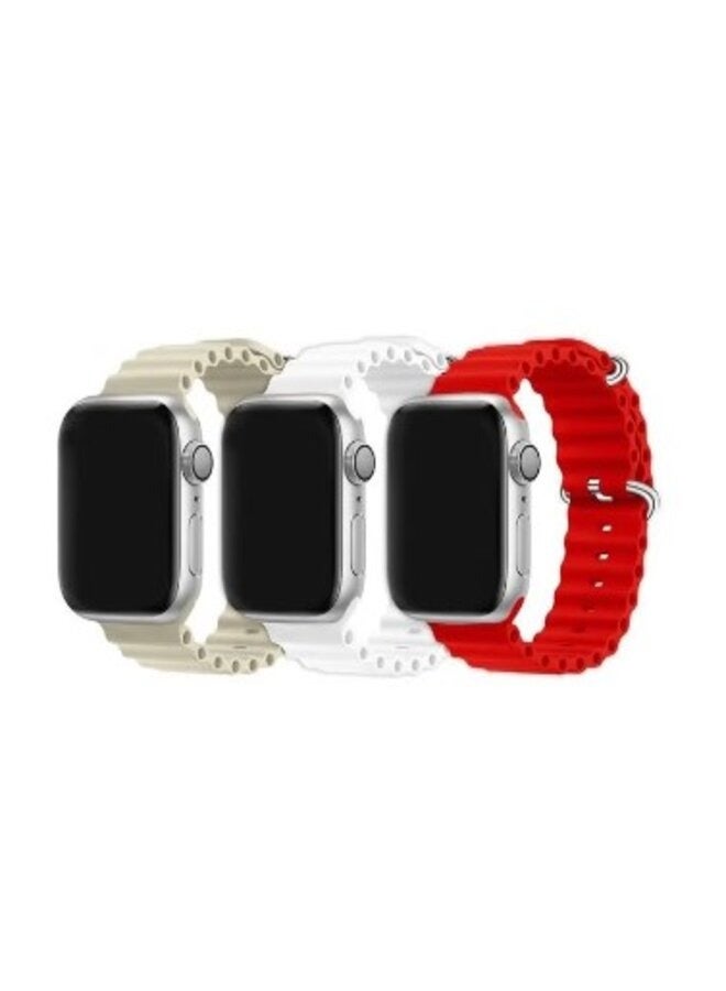 3Pack for Apple Watch Ocean Band 49mm 45mm 44mm 42mm Soft Silicone Loop Strap for iWatch Series Ultra/8/7/SE/6/5/4/3/2/1 Beige/White/Red