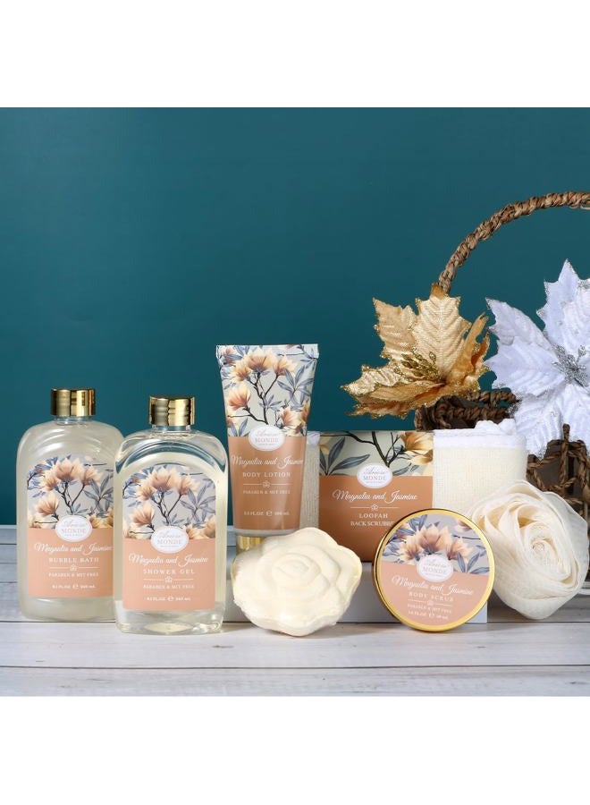 ArioseMonde Home Spa Gift Basket, Bath Spa Kit for Women, with Body Lotion, Shower Gel, Bubble Bath, Body Scrub, Bath Salt, Bath Bomb, Magnolia & Jasmine Bath Gift Set for Women, Bath Gift Basket for Mother's Day - Image 5