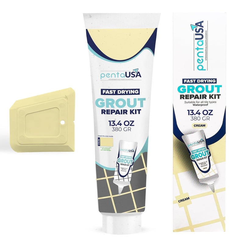 PENTAUSA Tile Grout - Large Grout Filler Repairs Renews Tube, Fast Drying Grout Repair Kit, Odorless Formula - Grout Floater Included - 13.4oz / 380gr (Cream) - Image 1