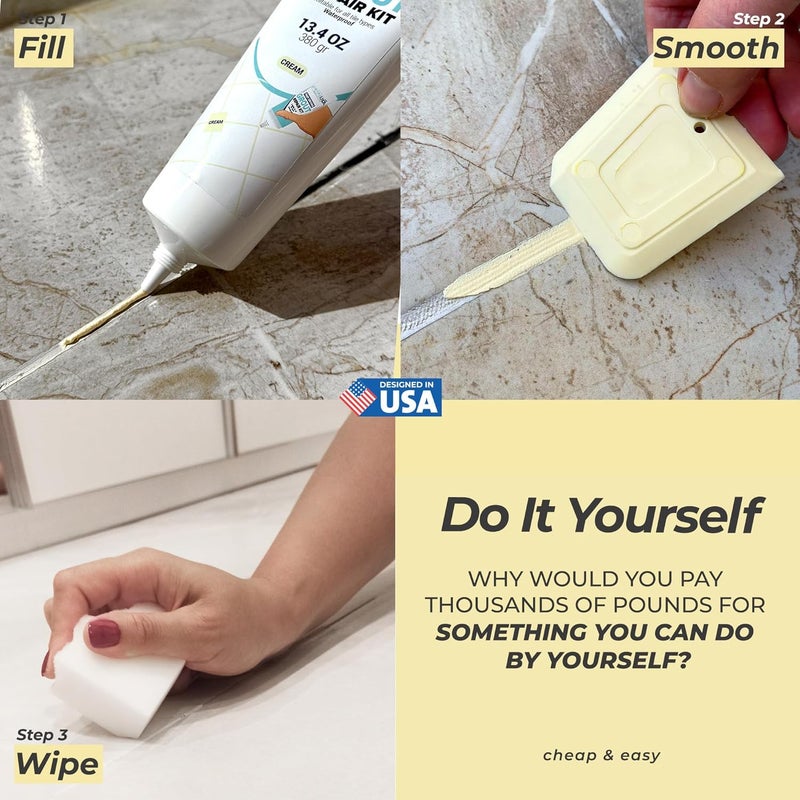 PENTAUSA Tile Grout - Large Grout Filler Repairs Renews Tube, Fast Drying Grout Repair Kit, Odorless Formula - Grout Floater Included - 13.4oz / 380gr (Cream) - Image 2