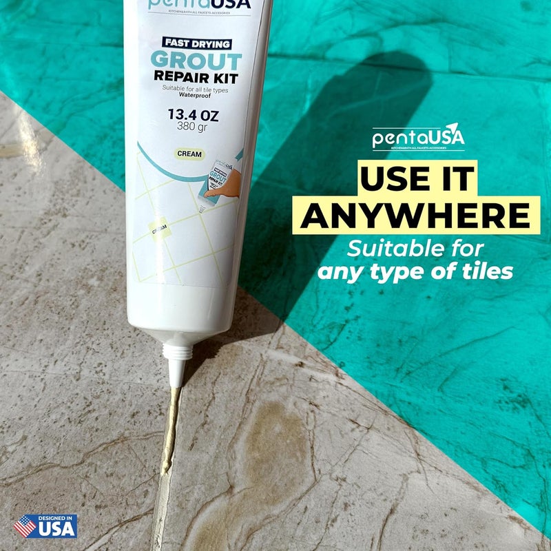 PENTAUSA Tile Grout - Large Grout Filler Repairs Renews Tube, Fast Drying Grout Repair Kit, Odorless Formula - Grout Floater Included - 13.4oz / 380gr (Cream) - Image 3