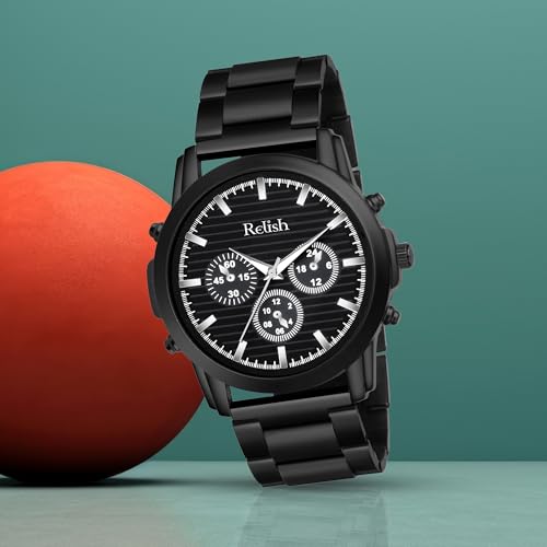 Relish Black Quartz Analog Watch | Black Dial with Stainless Steel Chain Wristwatch for Men & Boys - Image 2
