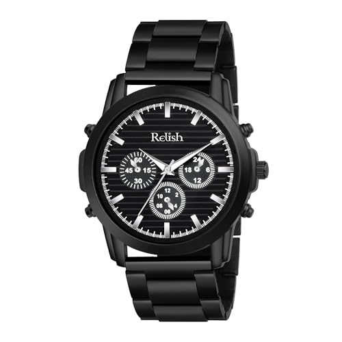 Relish Black Quartz Analog Watch | Black Dial with Stainless Steel Chain Wristwatch for Men & Boys - Image 1