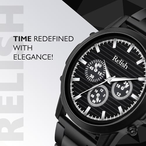 Relish Black Quartz Analog Watch | Black Dial with Stainless Steel Chain Wristwatch for Men & Boys - Image 3