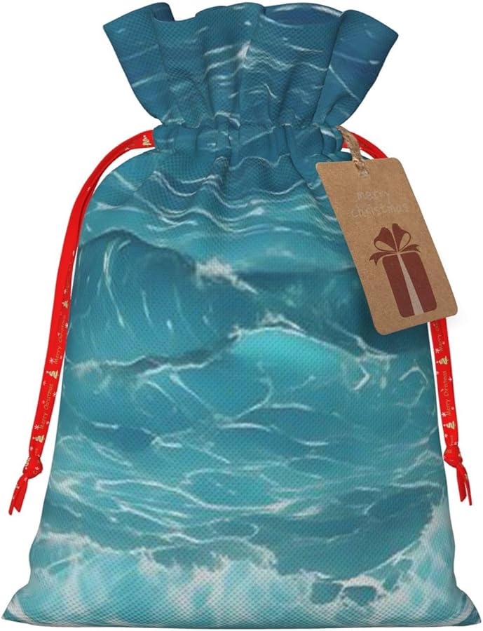 AoRom Deep Ocean Printed Christmas Drawstring Gift Bag Reusable Fabric Sack With Tag Black - Image 2