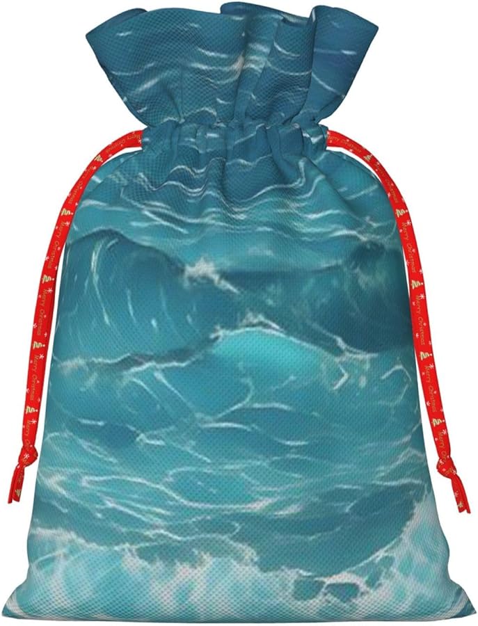 AoRom Deep Ocean Printed Christmas Drawstring Gift Bag Reusable Fabric Sack With Tag Black - Image 3