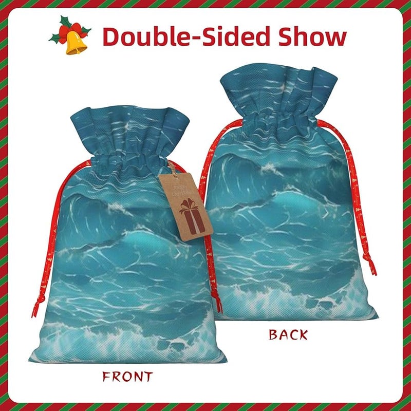 AoRom Deep Ocean Printed Christmas Drawstring Gift Bag Reusable Fabric Sack With Tag Black - Image 4