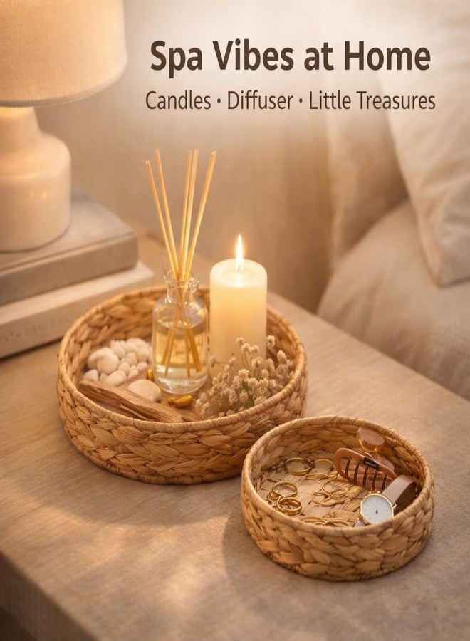 Varku 2Pcs Round Wicker Basket Tray, Large Woven Trays for Coffee Table Decor, Natural Water Hyacinth Serving Trays for Decor and Organization - Image 4