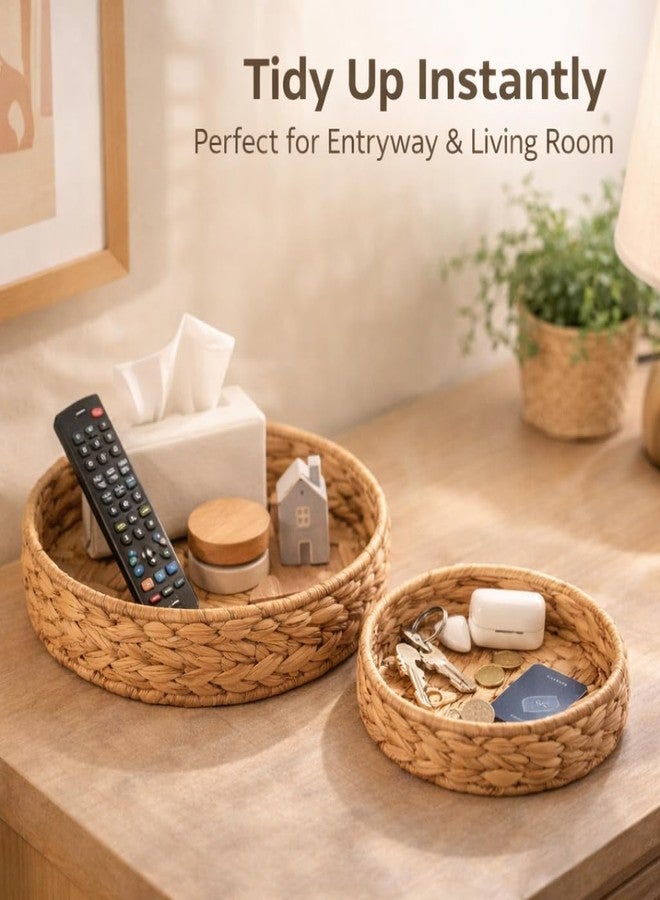 Varku 2Pcs Round Wicker Basket Tray, Large Woven Trays for Coffee Table Decor, Natural Water Hyacinth Serving Trays for Decor and Organization - Image 5