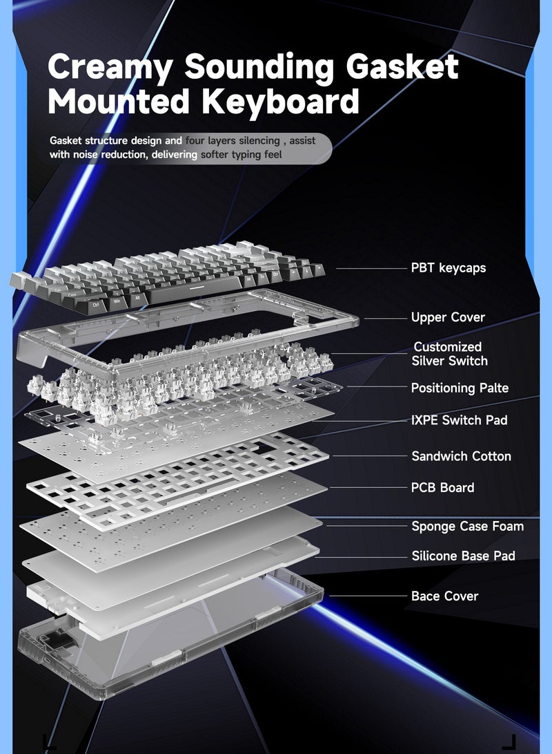 UCHUANG 82 Keys Mechanical Gaming Keyboard 80% Mini Type-C Wired  - White Light Effect - Hot Swappable - Gasket Mounted Design - Side engraved PBT Keycaps Gaming Keyboard(Customize Noah Silver Switch) - Image 2