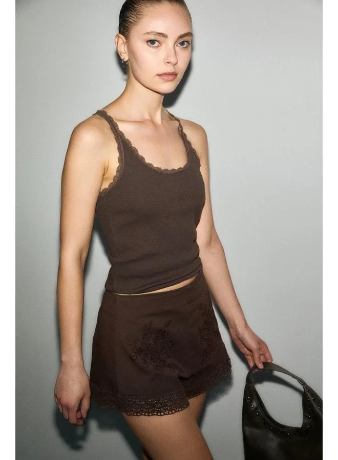 Ethiquet BARRY Women's Regular Fit Normal Cut Cotton Lace Detailed Thin Strappy Open Neck Brown Tank Top.