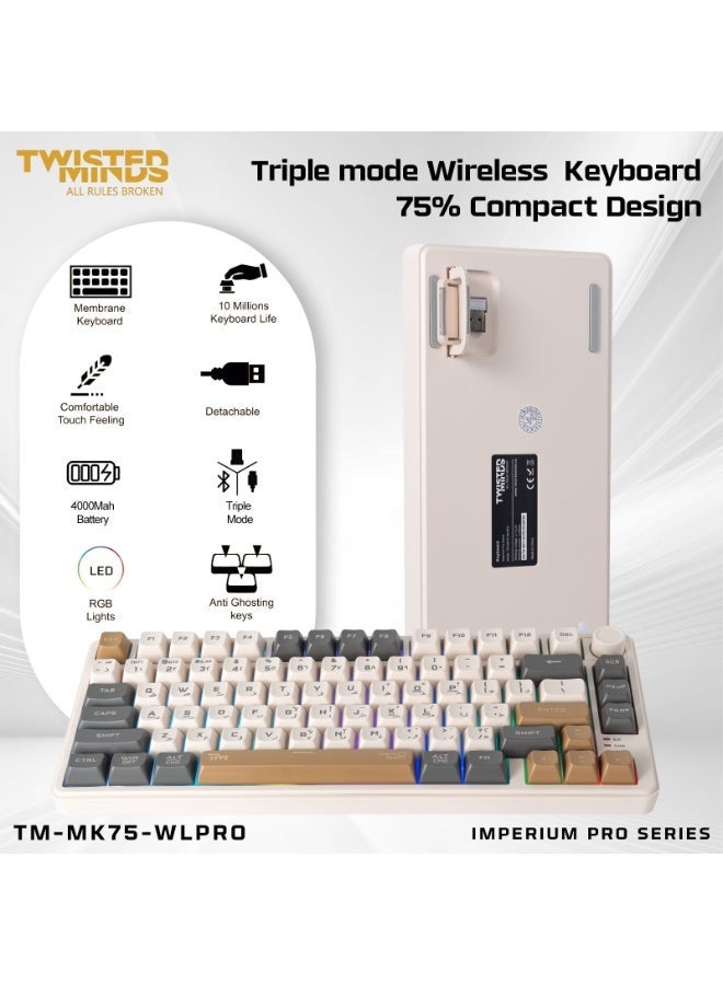 تويستيد مايندز TWISTED MINDS TM-MK75 WLPRO سلسلة إمبيريوم برو لوحة مفاتيح ميمبرين مدمجة بنسبة 75% (80 مفتاحًا) | تخطيط إنجليزي | إضاءة خلفية RGB | وضع مزدوج (سلكي / 2.4G / بلوتوث) | لوحة مفاتيح ألعاب متينة مضادة للتعليق - Image 2