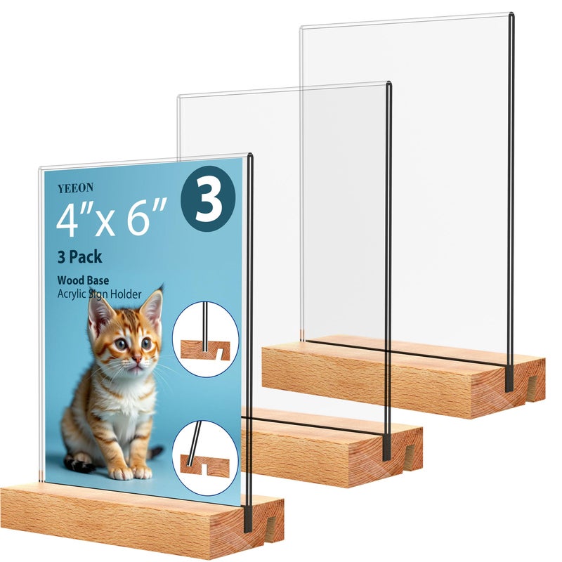 YEEON 4x6 Inch 3 Pack Acrylic Sign Holder with Wooden Base, Desktop Display Stand (4x6 3Pack) - Image 1