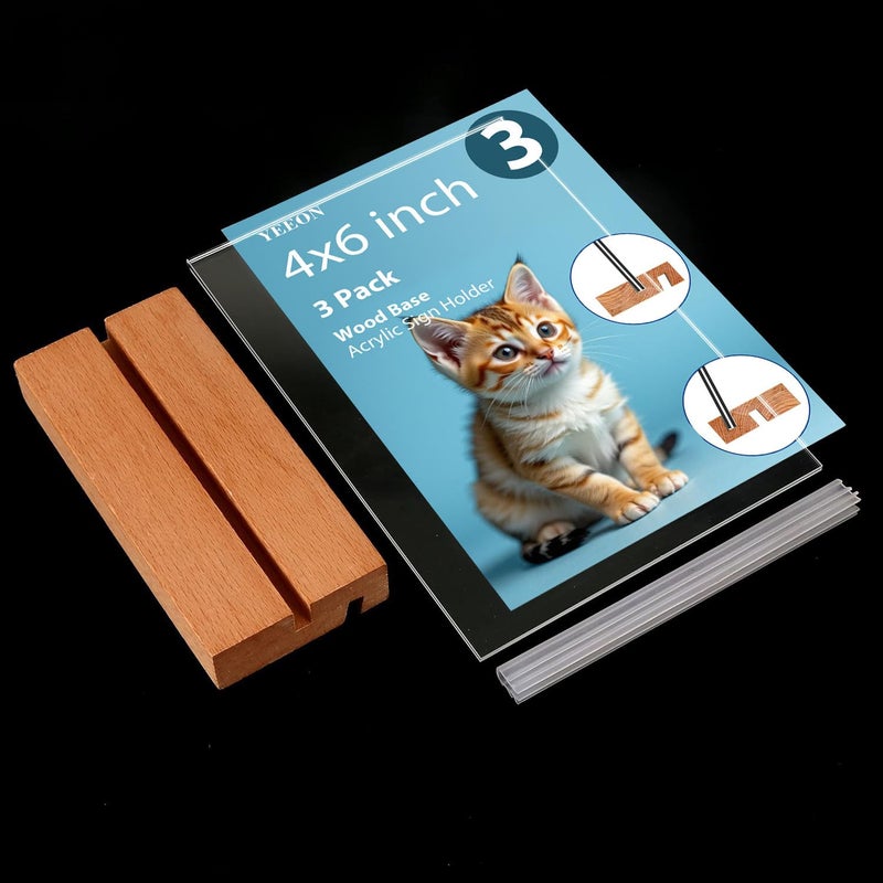 YEEON 4x6 Inch 3 Pack Acrylic Sign Holder with Wooden Base, Desktop Display Stand (4x6 3Pack) - Image 4