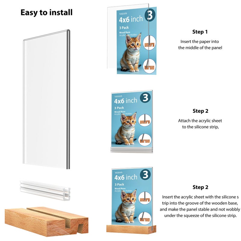 YEEON 4x6 Inch 3 Pack Acrylic Sign Holder with Wooden Base, Desktop Display Stand (4x6 3Pack) - Image 5