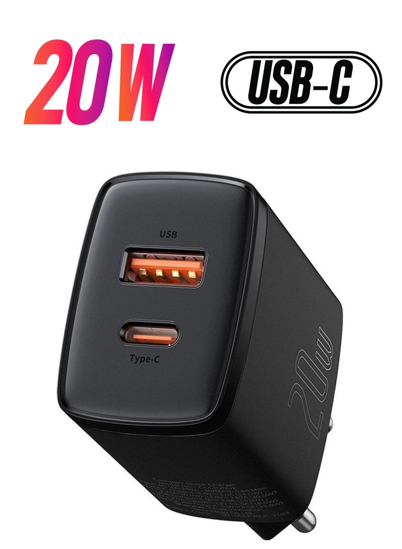 بيسوس شاحن سريع بتقنية PD بمنفذ USB C بقدرة 20 وات، ومنفذ مزدوج Type-C، ومحول جداري بتقنية الشحن السريع 3.0 بقابس أوروبي، مناسب لأجهزة آيفون 13 و12 و12 ميني و12 برو و12 برو ماكس وهواتف جالاكسي وأجهزة بكسل 4/3 وآي باد برو وسماعات آيربودز برو وغيرها لون أسود. - Image 1