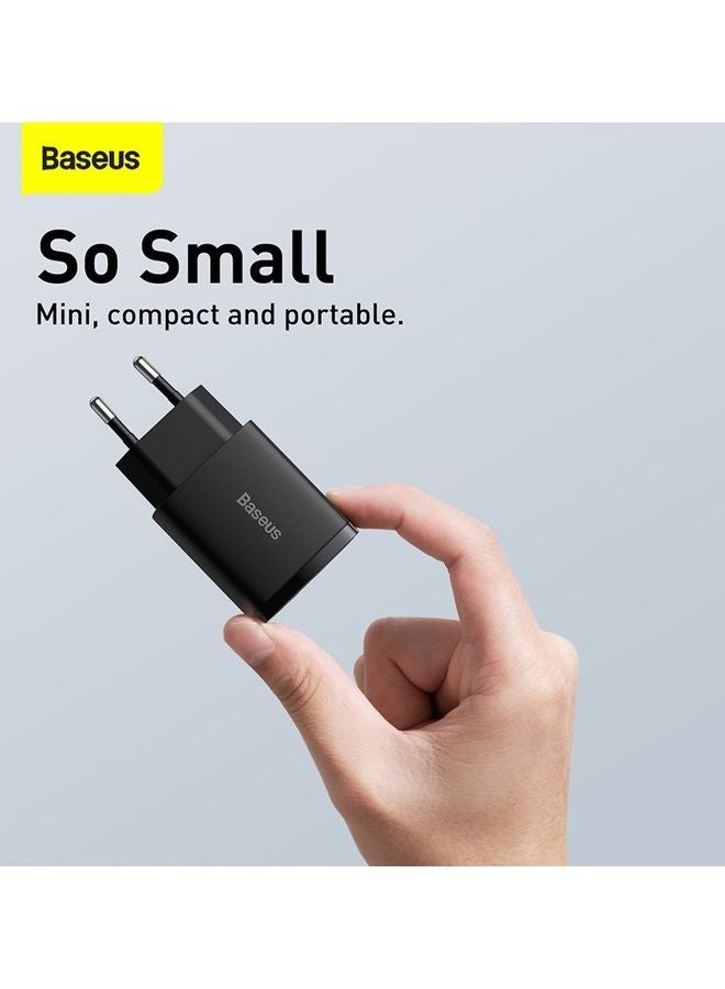 بيسوس شاحن سريع بتقنية PD بمنفذ USB C بقدرة 20 وات، ومنفذ مزدوج Type-C، ومحول جداري بتقنية الشحن السريع 3.0 بقابس أوروبي، مناسب لأجهزة آيفون 13 و12 و12 ميني و12 برو و12 برو ماكس وهواتف جالاكسي وأجهزة بكسل 4/3 وآي باد برو وسماعات آيربودز برو وغيرها لون أسود. - Image 5