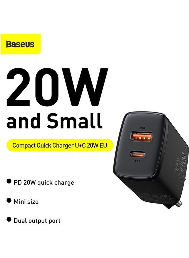 بيسوس شاحن سريع بتقنية PD بمنفذ USB C بقدرة 20 وات، ومنفذ مزدوج Type-C، ومحول جداري بتقنية الشحن السريع 3.0 بقابس أوروبي، مناسب لأجهزة آيفون 13 و12 و12 ميني و12 برو و12 برو ماكس وهواتف جالاكسي وأجهزة بكسل 4/3 وآي باد برو وسماعات آيربودز برو وغيرها لون أسود. - Image 2