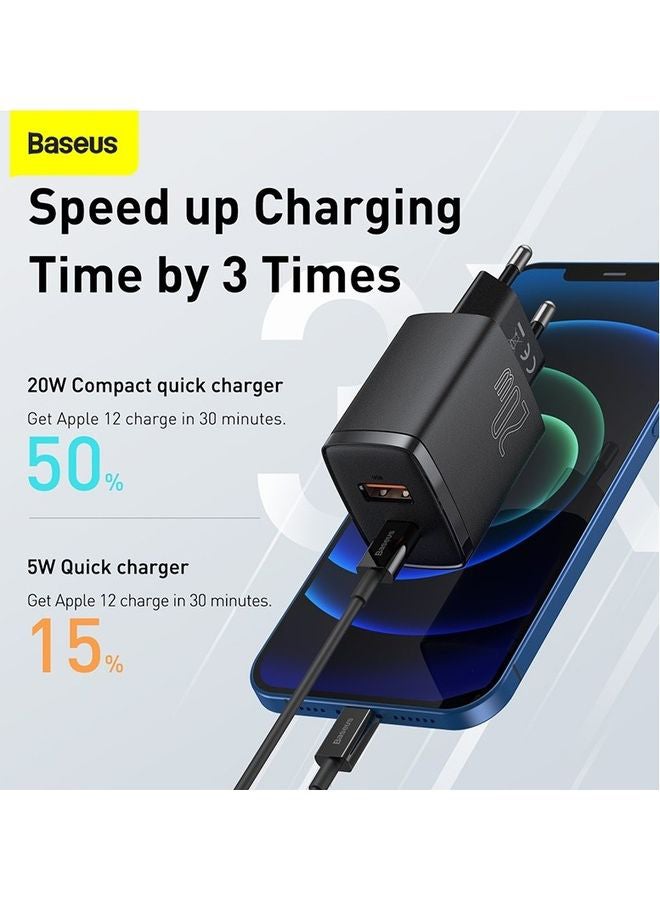بيسوس شاحن سريع بتقنية PD بمنفذ USB C بقدرة 20 وات، ومنفذ مزدوج Type-C، ومحول جداري بتقنية الشحن السريع 3.0 بقابس أوروبي، مناسب لأجهزة آيفون 13 و12 و12 ميني و12 برو و12 برو ماكس وهواتف جالاكسي وأجهزة بكسل 4/3 وآي باد برو وسماعات آيربودز برو وغيرها لون أسود. - Image 3