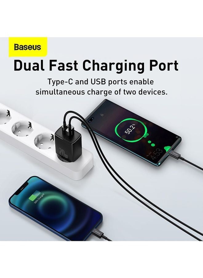 بيسوس شاحن سريع بتقنية PD بمنفذ USB C بقدرة 20 وات، ومنفذ مزدوج Type-C، ومحول جداري بتقنية الشحن السريع 3.0 بقابس أوروبي، مناسب لأجهزة آيفون 13 و12 و12 ميني و12 برو و12 برو ماكس وهواتف جالاكسي وأجهزة بكسل 4/3 وآي باد برو وسماعات آيربودز برو وغيرها لون أسود. - Image 4