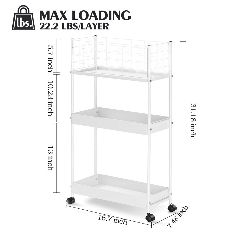KINGRACK 3-Tier Rolling Utility Cart with Wheels, Metal Slim Storage Cart, Multifunctional Storage Organizer, Rolling Storage Cart for Kitchen, Office, Bathroom, Narrow Place, White - Image 2