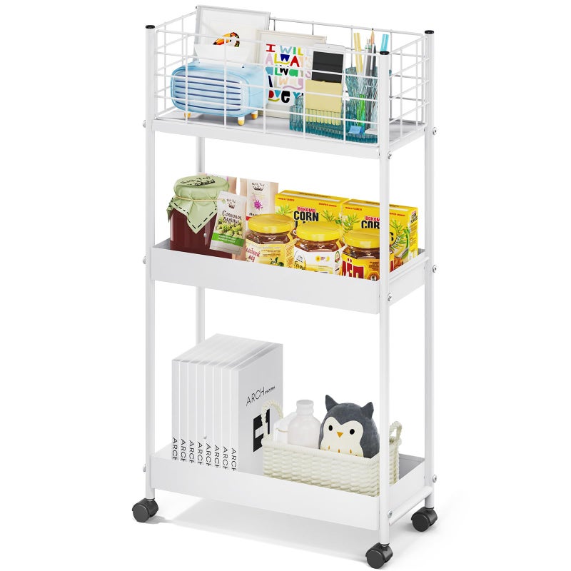 KINGRACK 3-Tier Rolling Utility Cart with Wheels, Metal Slim Storage Cart, Multifunctional Storage Organizer, Rolling Storage Cart for Kitchen, Office, Bathroom, Narrow Place, White - Image 1