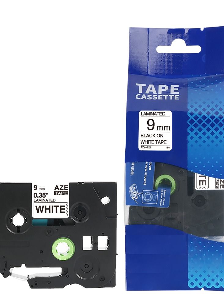 SKY 5-PCS 9mm x 8 Meter Black on White AZE221  Laminated Tape for PT H110 PT D210 and PT D400 P Touch  Printers - Image 2