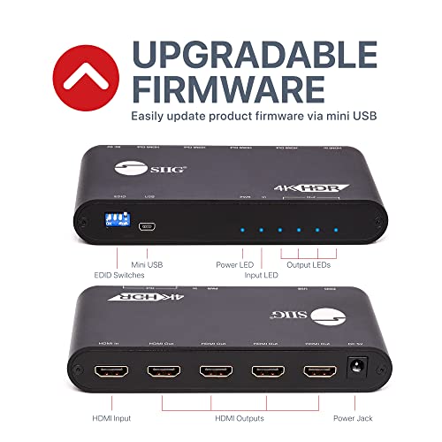 SIIG 1x4 HDMI 4K HDR Splitter - 4K@60Hz, HDCP 2.2, 18Gbps, Auto Scaling, Cascadable, Firmware Upgradable, 1 in 4 Out, TAA Compliant (CE-H22Y11-S1) - Image 3