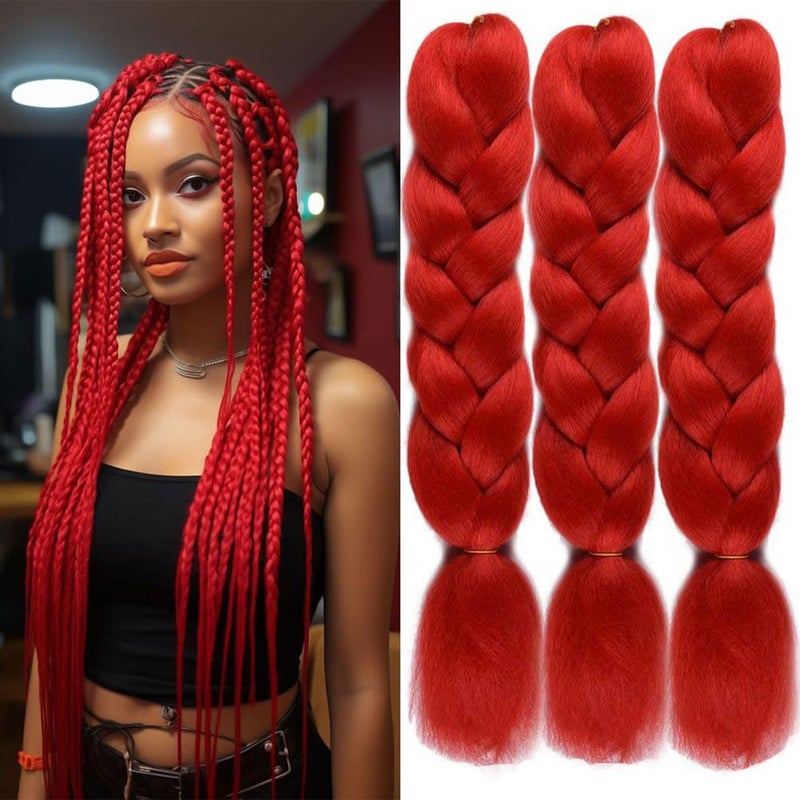 wome Red Braiding Hair Jumbo Braiding Hair Extension Yaki Texture 3 Pieces Synthetic Crochet Braid Hair 26 Inches Knotless Braids for Box Crochet Twsit Hair Extensions (24Inch,Red) - Image 1
