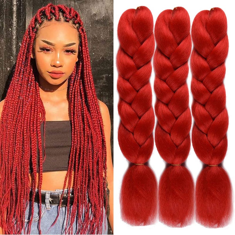 wome Red Braiding Hair Jumbo Braiding Hair Extension Yaki Texture 3 Pieces Synthetic Crochet Braid Hair 26 Inches Knotless Braids for Box Crochet Twsit Hair Extensions (24Inch,Red) - Image 4