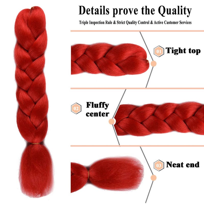 wome Red Braiding Hair Jumbo Braiding Hair Extension Yaki Texture 3 Pieces Synthetic Crochet Braid Hair 26 Inches Knotless Braids for Box Crochet Twsit Hair Extensions (24Inch,Red) - Image 5