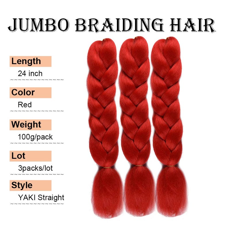 wome Red Braiding Hair Jumbo Braiding Hair Extension Yaki Texture 3 Pieces Synthetic Crochet Braid Hair 26 Inches Knotless Braids for Box Crochet Twsit Hair Extensions (24Inch,Red) - Image 3