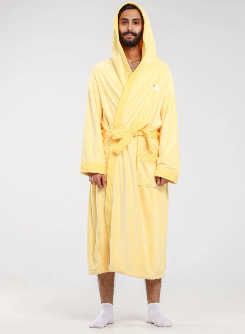 Relef Hooded Bathrobe for Men & Women, Ultra Soft Coral Fleece Robe, Quick Dry Absorbent Spa Bathrobe, Hotel Luxury Home Robe with Hood - Yellow - Image 1