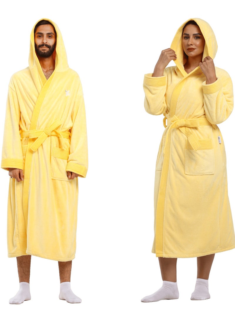Relef Hooded Bathrobe for Men & Women, Ultra Soft Coral Fleece Robe, Quick Dry Absorbent Spa Bathrobe, Hotel Luxury Home Robe with Hood - Yellow - Image 3