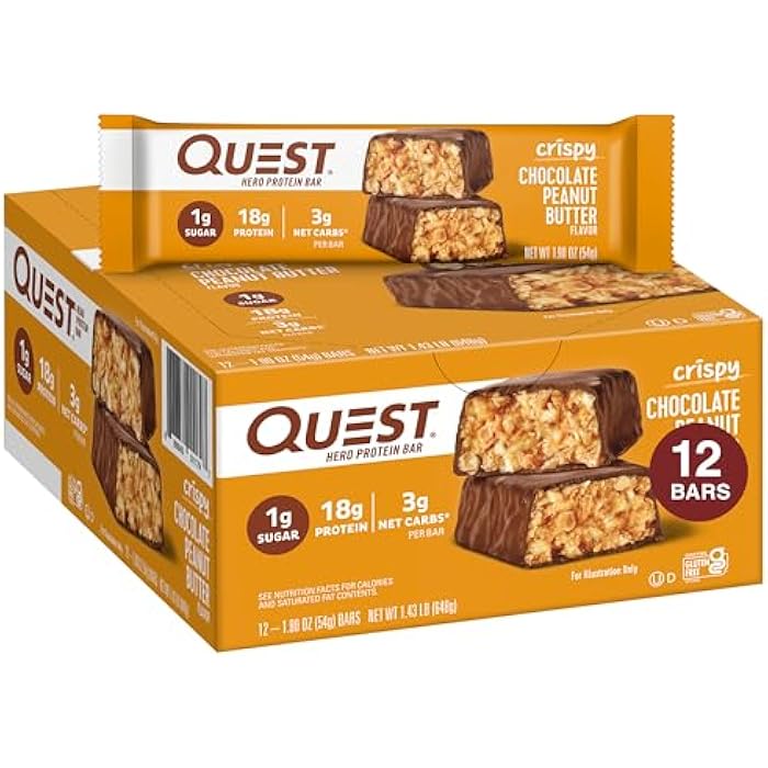 Quest Nutrition Crispy Chocolate Peanut Butter Hero Protein Bar, 18g Protein, 1g Sugar, 3g Net Carb, Gluten Free Protein Snack, Keto Friendly, 12 Count - Image 1