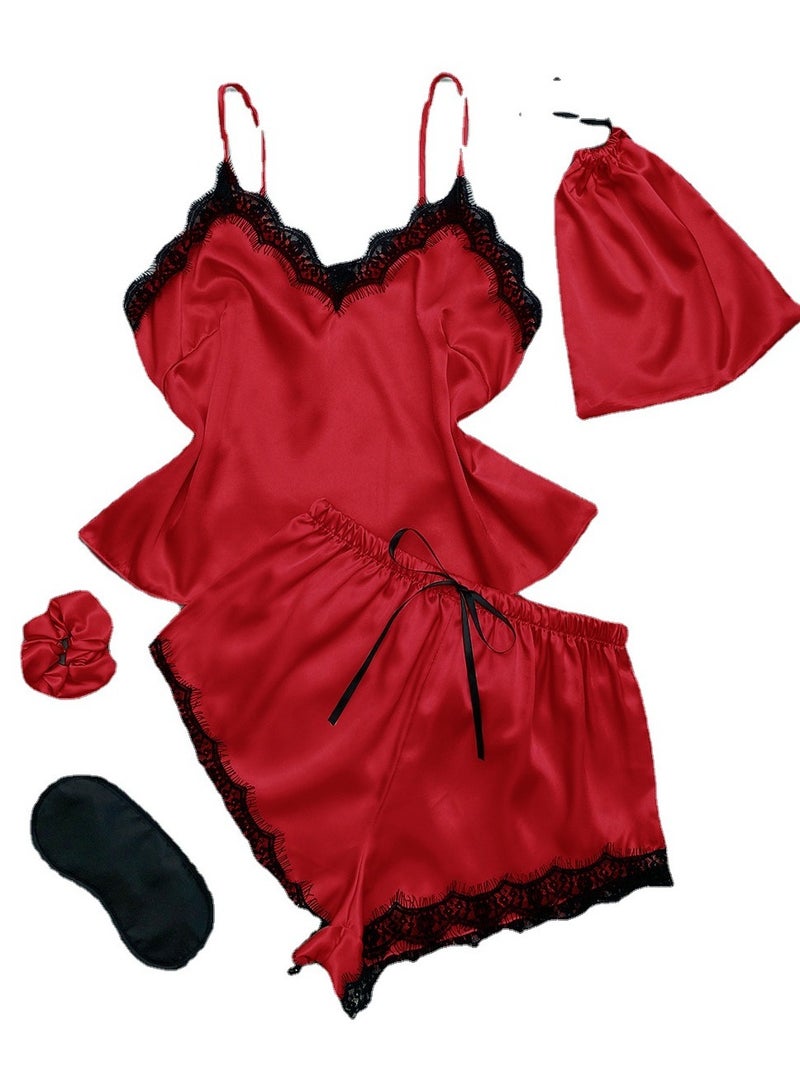 Loquat Women's Imitation Silk Lace Stitching 5-Piece Set Nightgown Sleepwear Suspender Top,Shorts, Eyeshade,Storage Bag And Rubber Band Soft Loungewear Pajamas Suit Red 