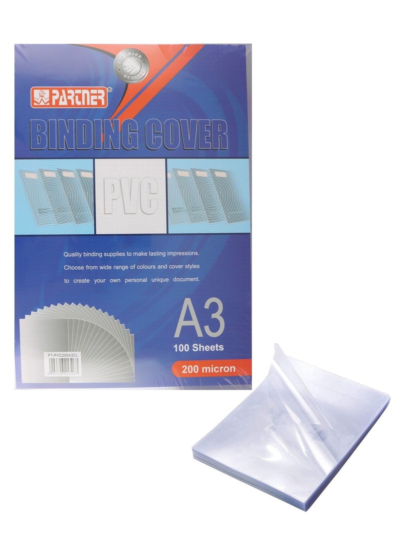 PARTNER 100-Piece A3 Size Clear PVC Binding Covers 200 Micron Thickness - Image 1