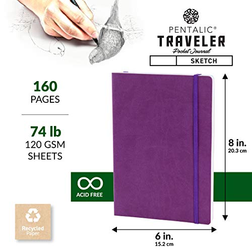 Pentalic 6" x 8" Pocket Sketchbook Traveler Journal, 160 Pages, Purple - Image 3