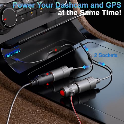 Moqidong USB C to Cigarette Lighter Adapter 36W: PD3.0 2-Socket USB C to 12V Adapter 3A Type C Male to Cigarette Lighter Female Dual Socket for Dashcam Radar Fan Recorder GPS E Dog - Image 2