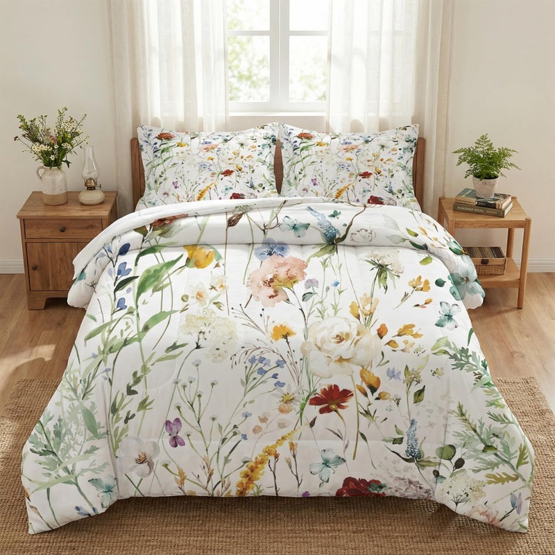 WeCozy Twin Size Comforter Set with Pillowcase, Wildflower Flower Floral 2 Pcs Bedding for Kids and Adults, Boho Watercolor Butterfly Soft Comforter Set for Bedroom Bed Decor - Image 1
