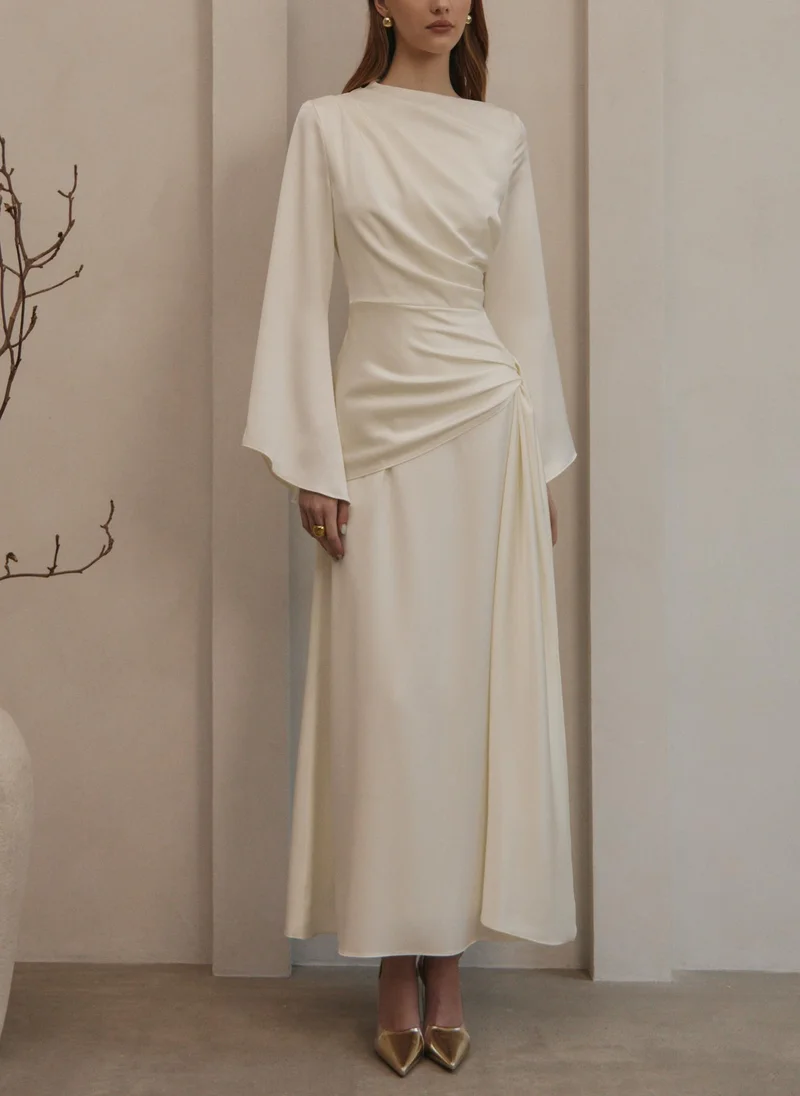 Lichi Maxi satin dress with long sleeves and asymmetrical draping