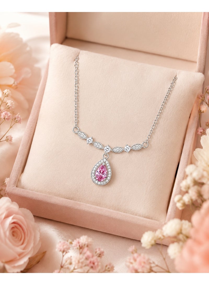 RAFAL Women's Silver-Tone Collar Necklace with Pink Pear-Cut Halo Drop and Marquise Crystals - Image 4