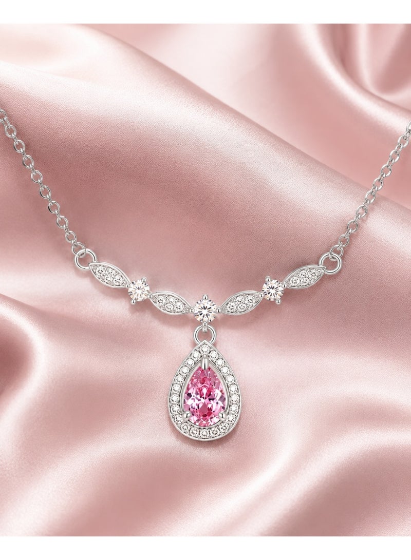 RAFAL Women's Silver-Tone Collar Necklace with Pink Pear-Cut Halo Drop and Marquise Crystals - Image 3