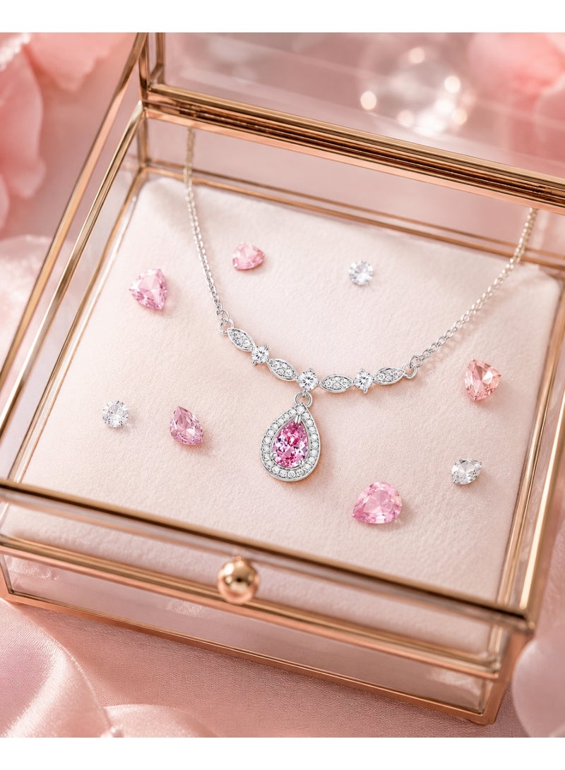 RAFAL Women's Silver-Tone Collar Necklace with Pink Pear-Cut Halo Drop and Marquise Crystals - Image 2