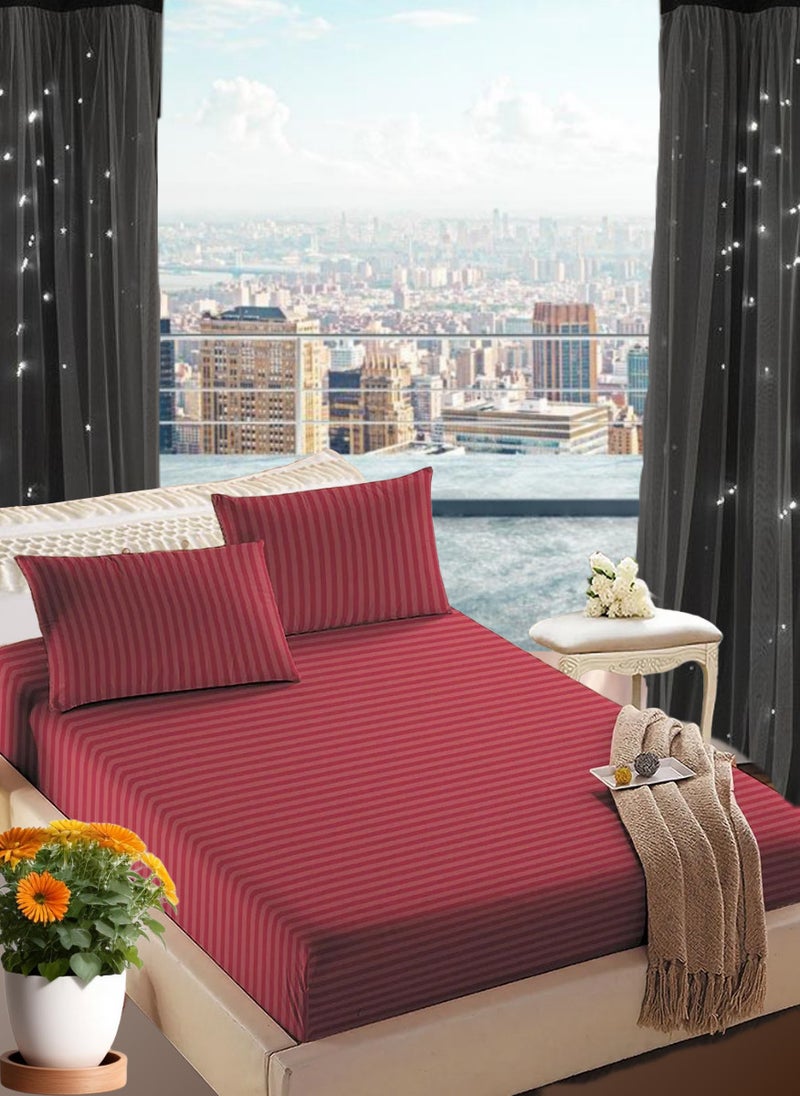 Blueberry Maroon Striped Double Bed Sheet Sets Cotton 3 Piece Set Deep Pocket 150x200+25cm - Image 1