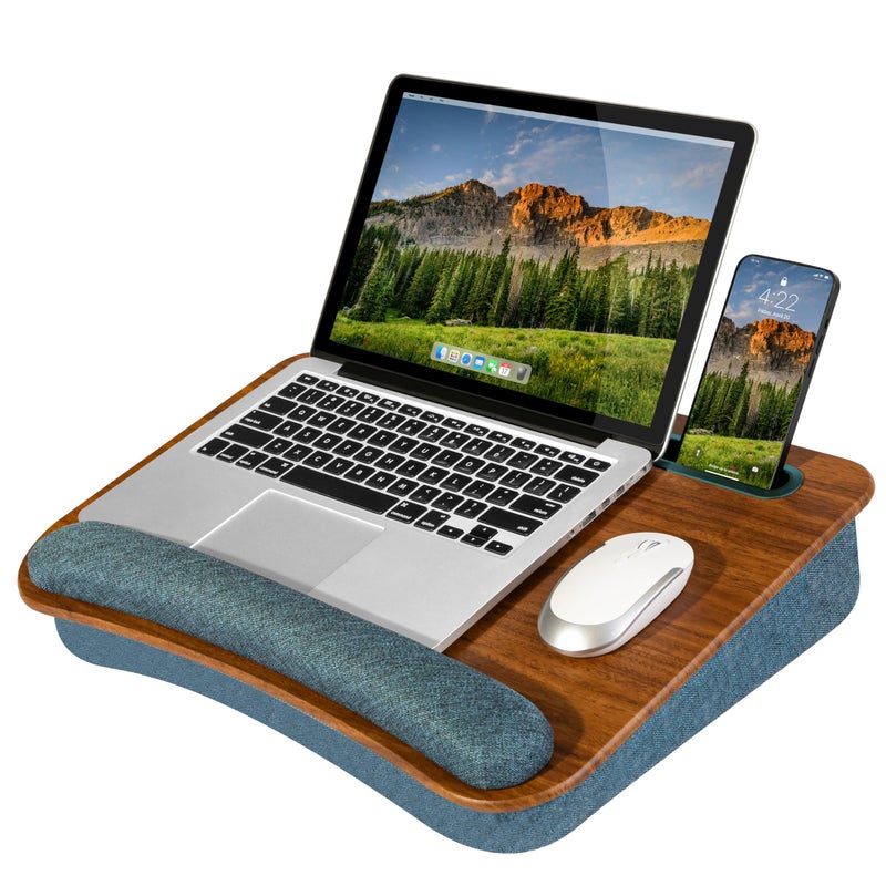 LAPGEAR Portable Laptop Lap Desk with Pillow Cushion, Anti-Slip Strip, Tablet or Phone Storage Slot, Pen and Pencil Pocket, and Wrist Rest - Espresso Woodgrain - Fits 17.3" Laptops - Style No. 91342 - Image 1