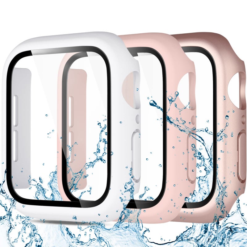 Charlam Apple Watch 44mm SE Series 6/5/4 Waterproof Case with Built-in Tempered Film Screen Protector, Full Coverage, Pink/Rose Gold/White - Image 3
