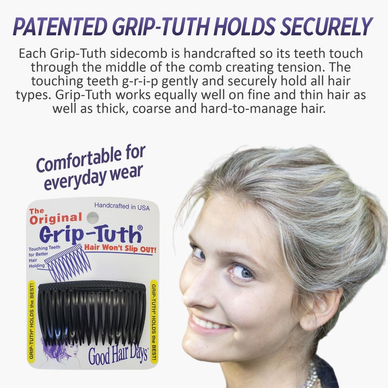 Good Hair Days Grip-Tuth Combs - 2 3/4" Side Combs, For All Types Of Hair, Decorative & Styling Women Accessories - Crystal, Set Of 2 - Image 2