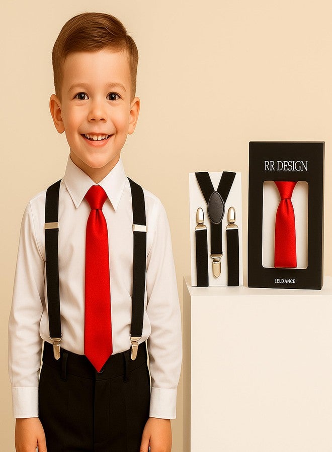 RR DESIGN Kids Formal Suspender and Necktie Set, Satin Tie with Black Y-Back Suspenders, Ages 1-10 Years (RED_Black) - Image 2